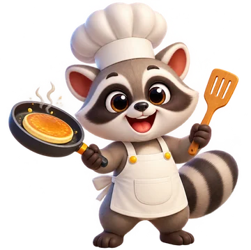 Rocco, a raccoon chef with a frying pan