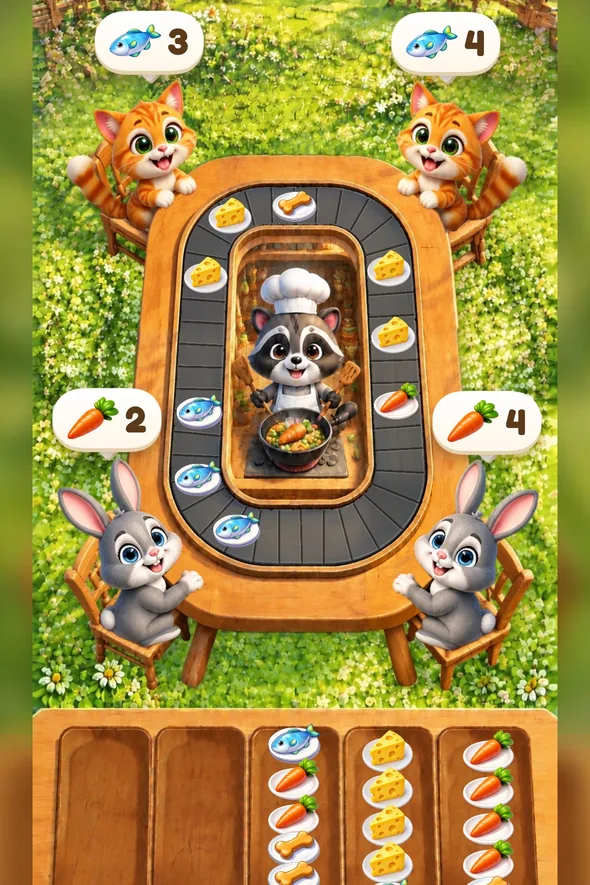 The table with plates of fish, cheese and carrots going round the belt, and kittens, bunnies and mice waiting