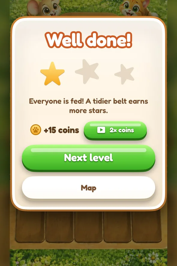 The win card: Well done! with stars and coins